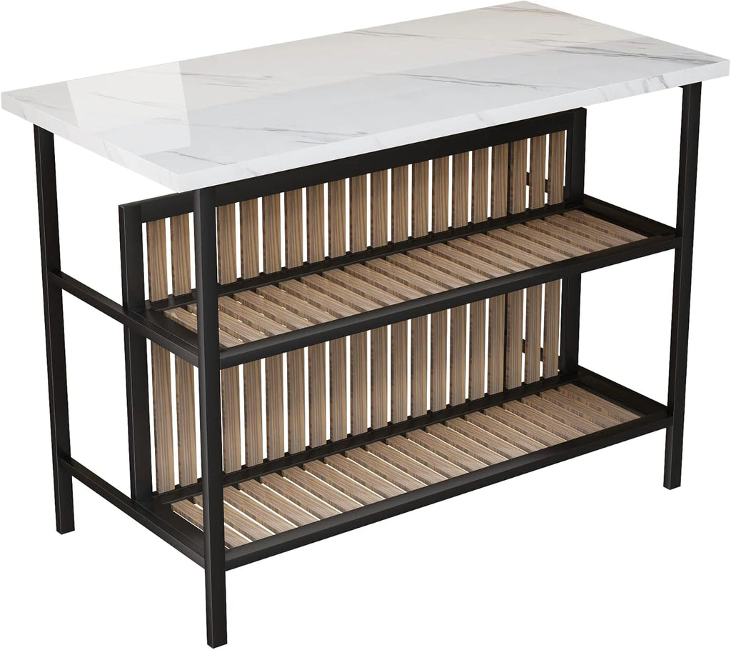 Kitchen Island with Seating & Storage Shelf, Faux Marble Island Table for Kitchen, Modern Bar Table and Chairs Set for 2,Dining Table Set for Small Space,White1 pcs