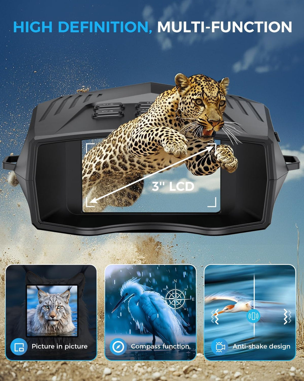 Night Vision Goggles - 5K Night Vision Binoculars for Adults, 5000mAh Rechargeable Infrared Binoculars with 3'' Large Screen, 10X Digital Zoom External Flashlight for Camping1 pcs