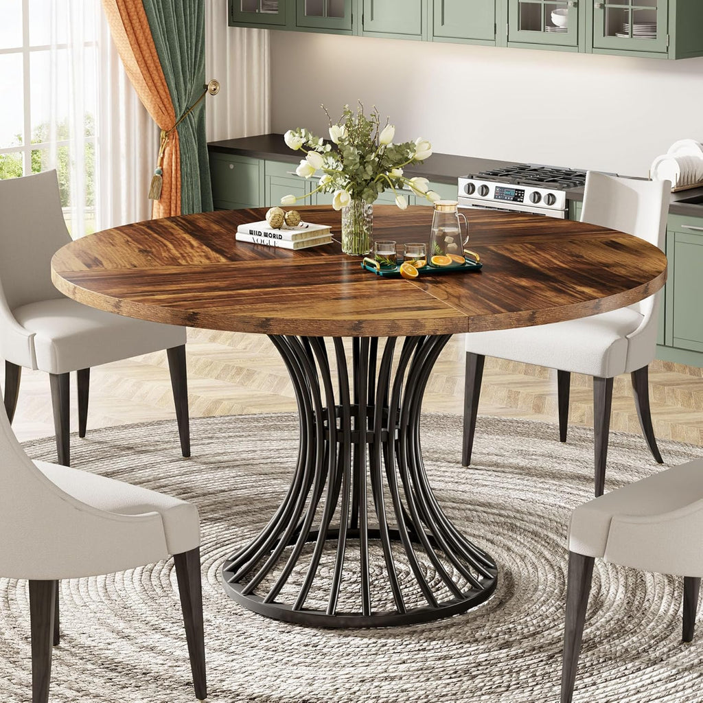 Round Dining Table for 4-6 People, 47-Inch Farmhouse Dinning Room Table Circle Kitchen Table, Industrial Dinner Table with Metal Base for Kitchen, Living Room, Rustic Brown1 pcs