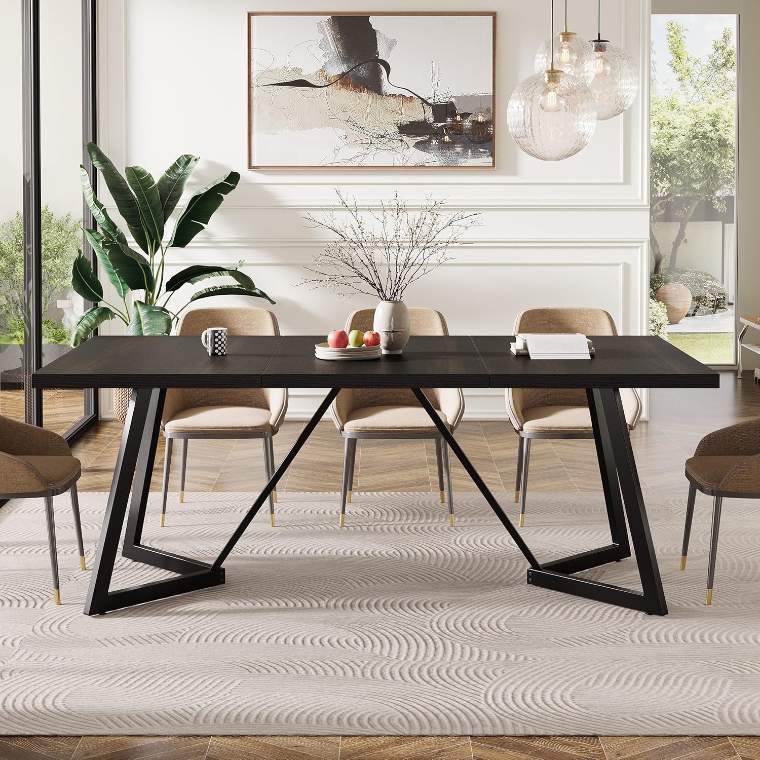 70.86-Inch Large Dining Table for 4-6, Modern Black Dining Room Table with Metal Frame, Rectangular Kitchen Dinner Table for Home Dining Room Family1 pcs