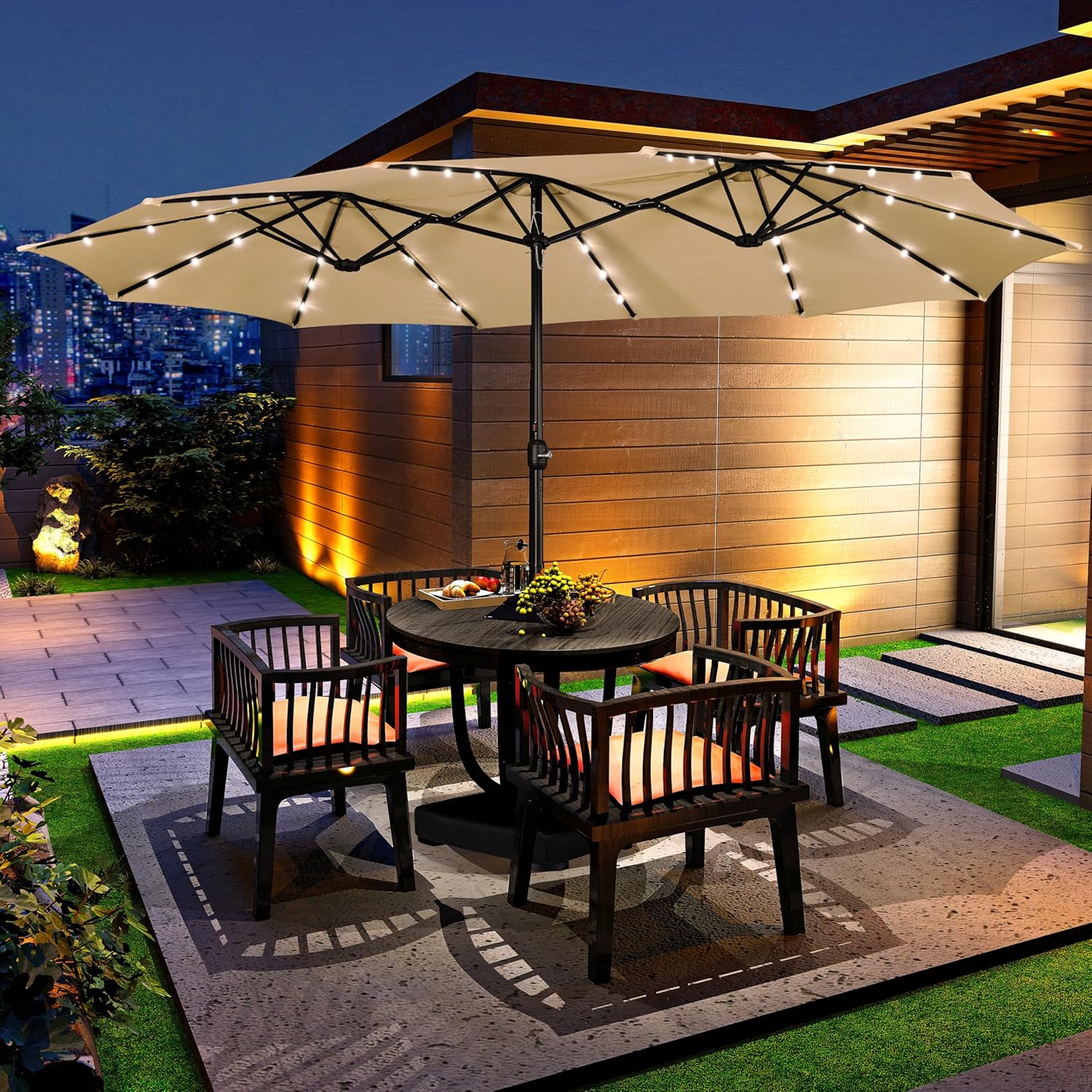 15 ft Large Patio Umbrella with Solar Lights Double-Sided Outdoor Rectangle Market Umbrellas with 36 LED Lights/Base Included/Easy Crank for Patio Garden Yard Pool Lawn, Brown
