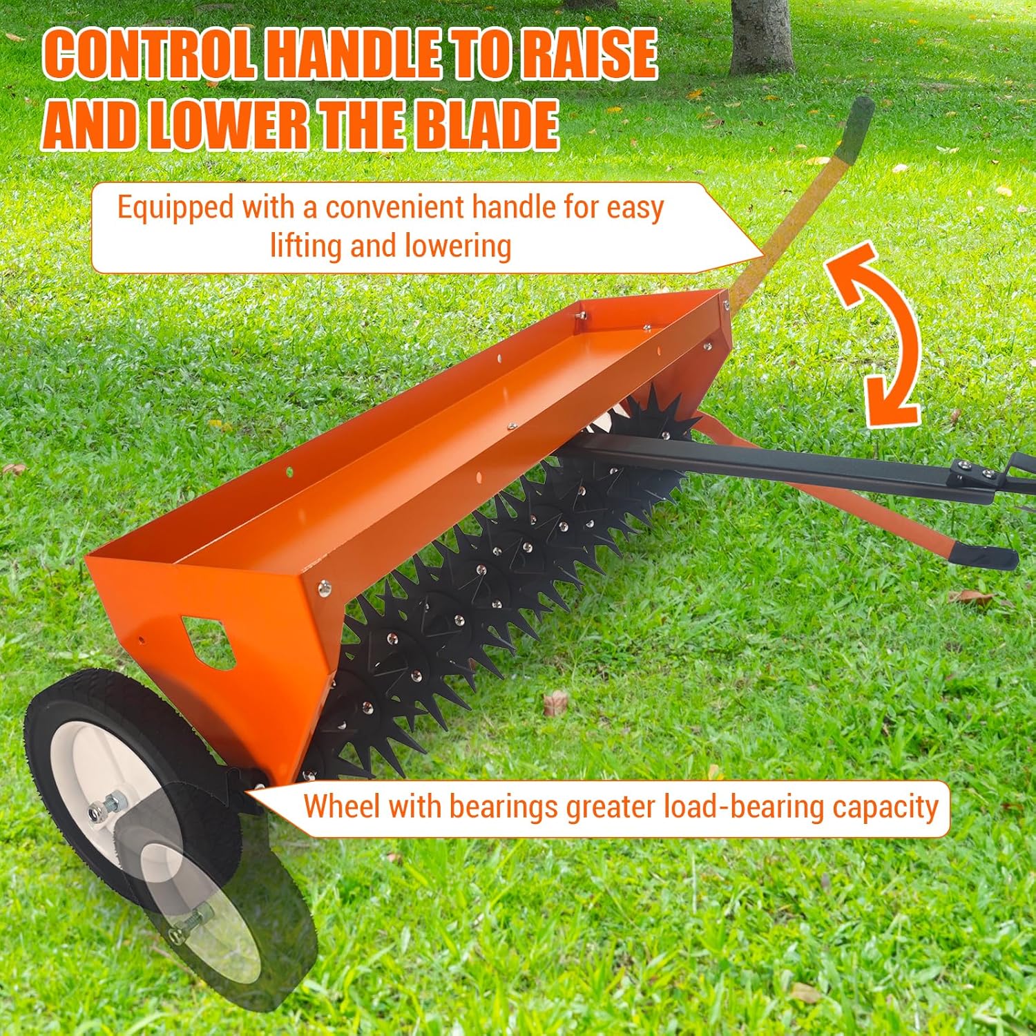 Traction-type weed remover, 40-inch traction-type sharp-toothed weed remover with transport wheels, steel teeth, tray, suitable for towing-type weed remover for farms, lawns and gardens, with adjustable handle1 pcs