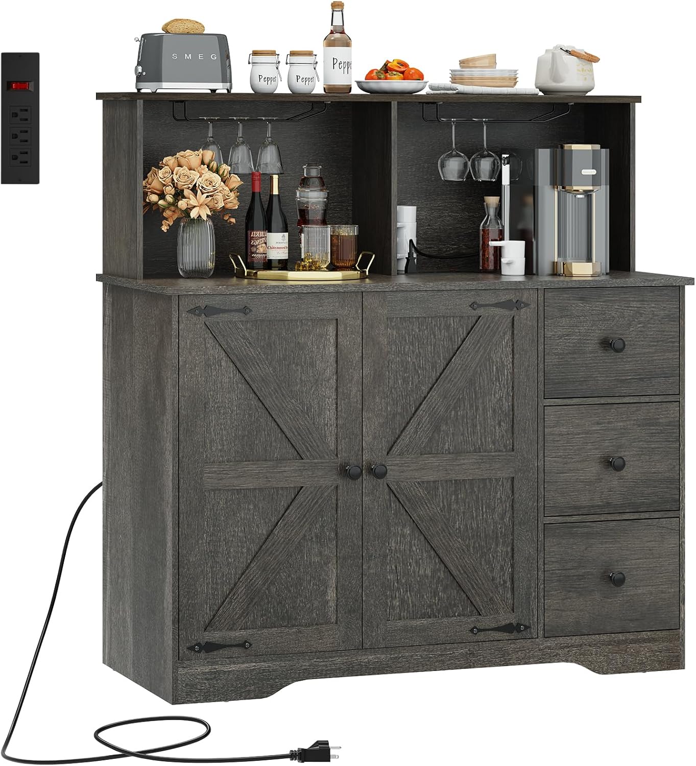 Farmhouse Buffet Cabinet, Coffee Bar with 2 Doors & 3 Drawers, Coffee Bar Cabinet with Power Outlets and Glass Holder, for Dinning Room, Bar, White1 pcs