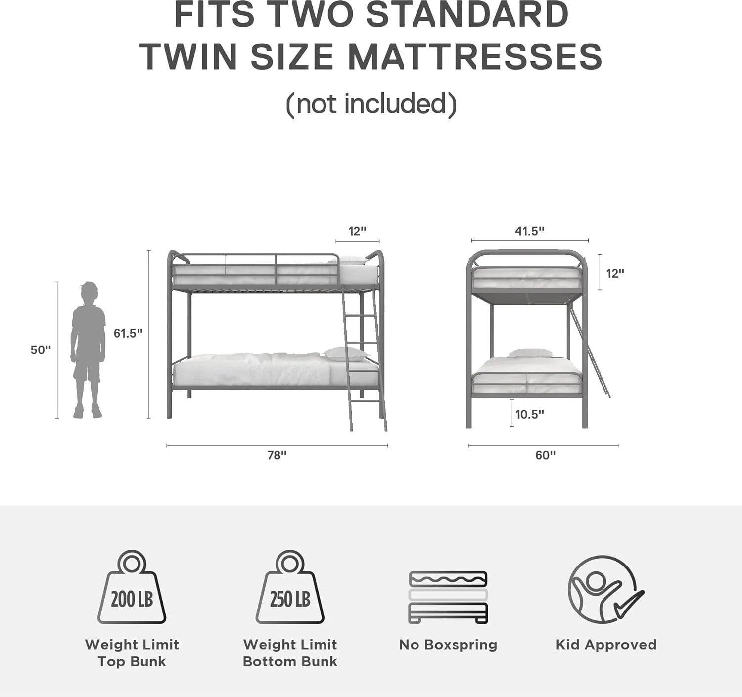 DHP Dusty Twin Over Full Metal Bunk Bed, Off White1 pcs