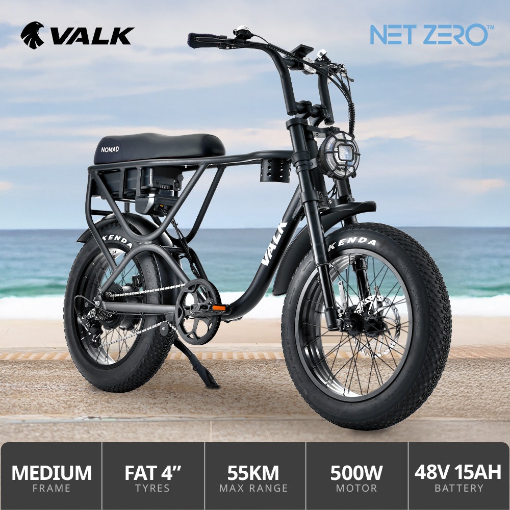 VALK Nomad Electric Fat Tyre Bike, 500W, 45km/hr, Throttle ebike, Disc Brakes, Shimano 7 spd, 20x4" Kenda Tyres, Suspension, Black