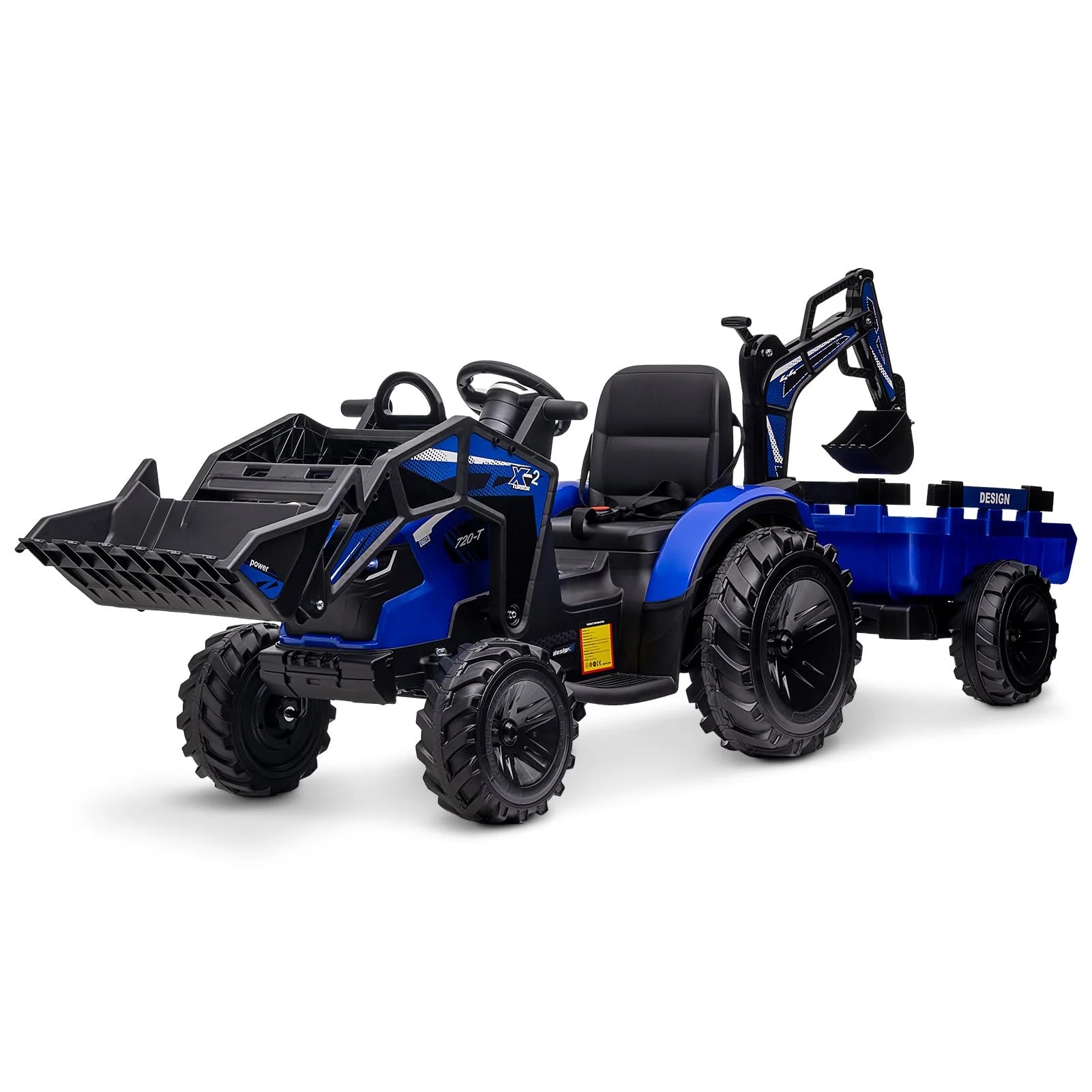 3-in-1 Ride-On Tractor, 24V Electric, Excavator & Bulldozer, Remote Control, LED, Music, USB/Bluetooth max 66 lbs �� Bright-blue