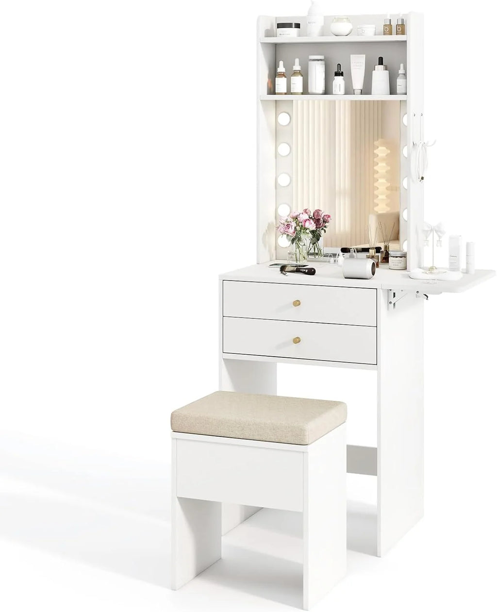 Small Vanity Desk with Mirror and Lights, Makeup Vanity Table with Charging Station, Drawers, Shelves, Foldable Side Table, Compact Dressing Table with Storage Chair for Small Space (White)1 pcs