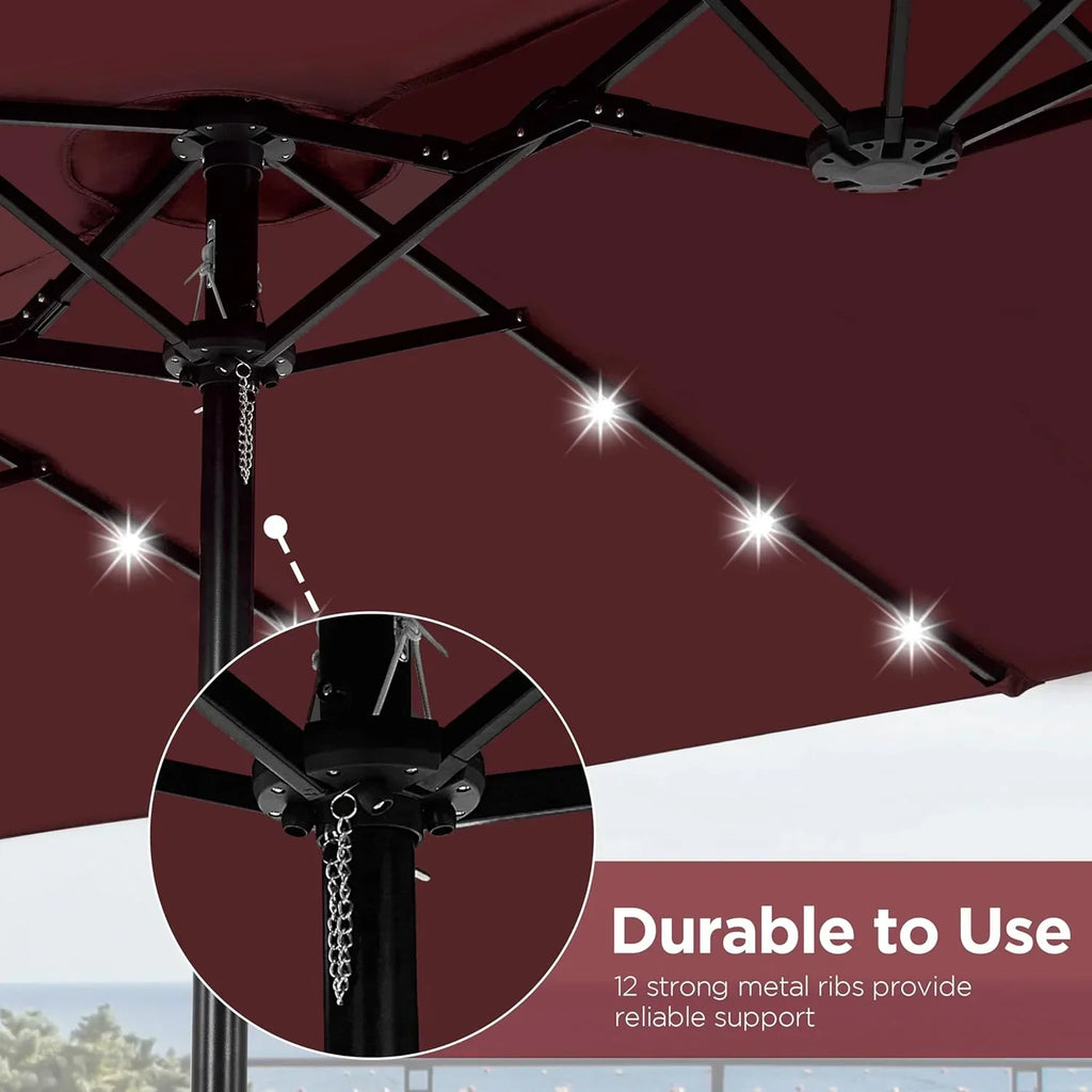 15 ft Large Patio Umbrella with Solar Lights Double-Sided Outdoor Rectangle Market Umbrellas with 36 LED Lights/Base Included/Easy Crank for Patio Garden Yard Pool Lawn, Brown