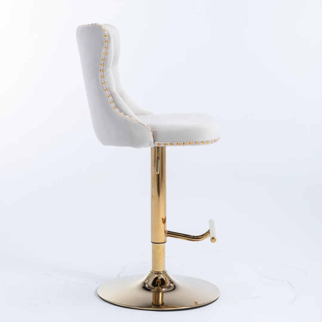 4x Height Adjustable Swivel Bar Stool Velvet Studs Barstool with Footrest and Golden Base- Beige