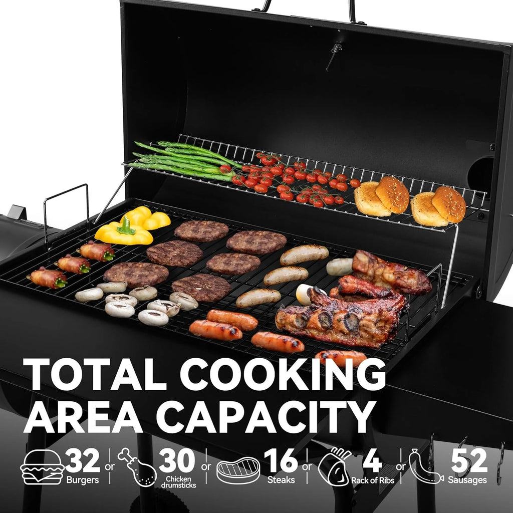BBQ Charcoal Grill and Offset Smoker, 30'' L, 800 Square Inch, Outdoor for Camping, Black1 pcs
