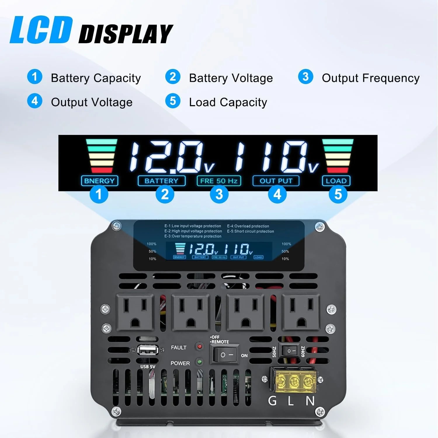 5000 Watt Power Inverter 12V to 110V 120V for Vehicle, Solar Inverter System, Heavy Duty, RV, Truck, Off Grid,Camping with 4 AC Outlets, LCD Display, Wireless Remote Control, Car Power Inverter1 pcs