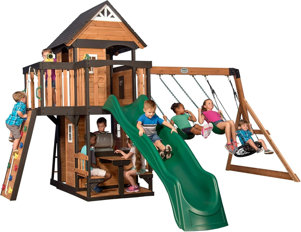 Gorge Creek Pure Pine Swing Set, Playhouse with Barbecue Grill, Plastic Utensils, Picnic Area, Steering Wheel, Double-Padded Swing, Rock Climbing Wall, Balcony, Terrace, Mesh Swing (Green Slide)1 pcs