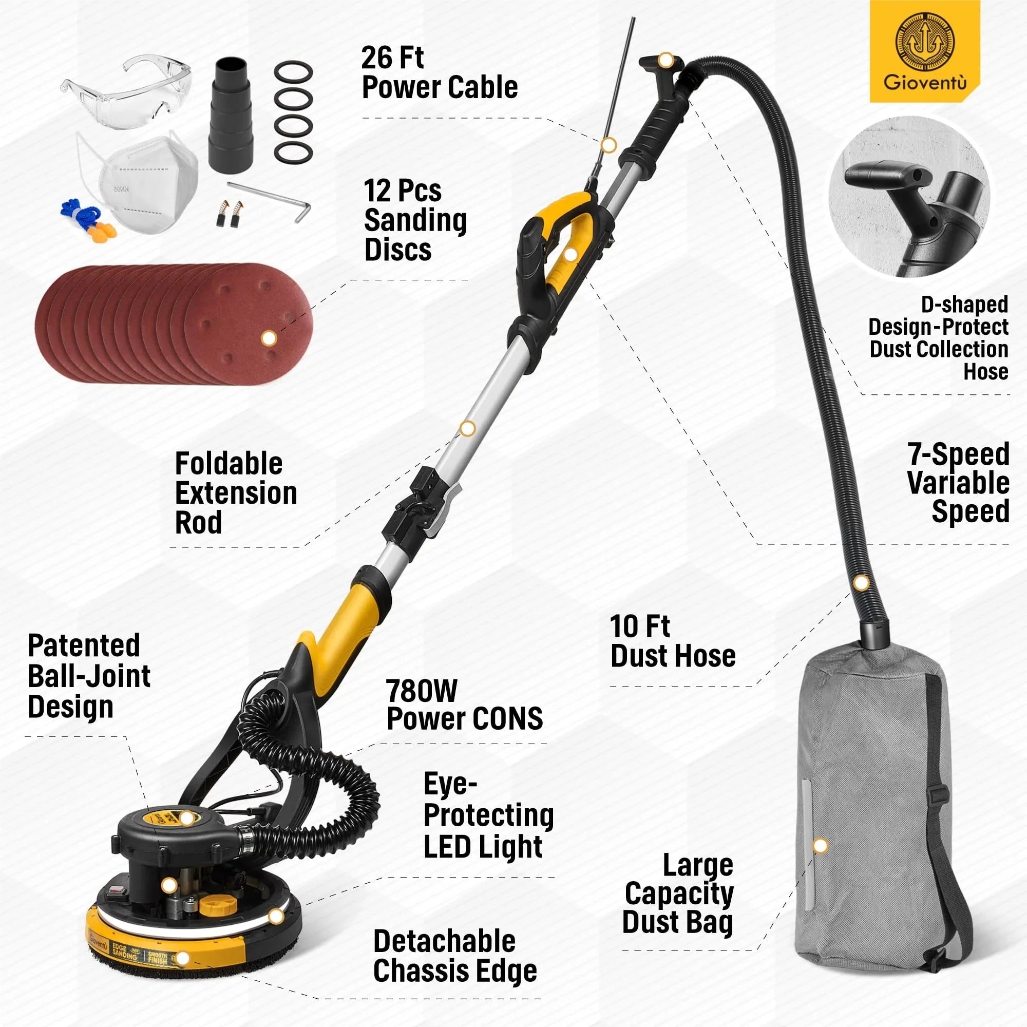 Giovent® Electric Drywall Sander with Dust Extraction, Suitable for Popcorn Ceilings