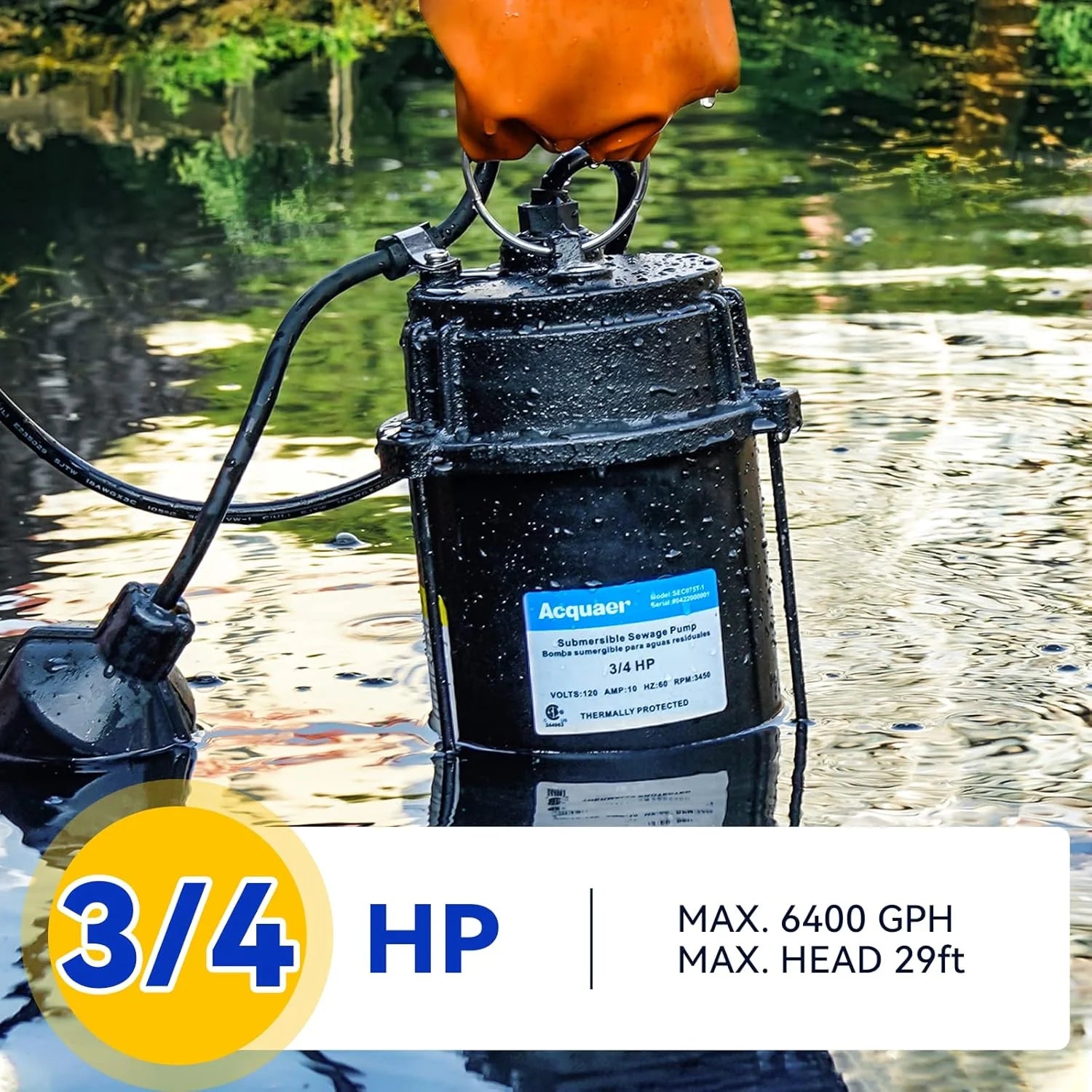 3/4 horsepower submersible sewage discharge pump, cast iron material, 115 volts, 6400 gallons per hour, automatic tethered float switch, for sewage pits, basements, and collection pits of residential sewage, 2-inch NPT outlet1 pcs
