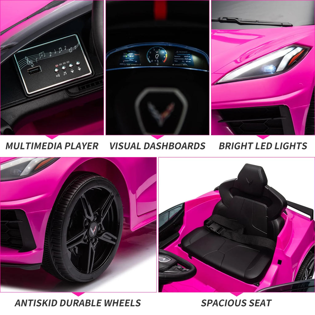 12V Kids Ride on Car Licensed Corvette Battery Powered Car Toddles Electric Sports Car Toy with Remote Control, Visual Dashboard, LED Lights, Music, Gifts for Boys Girls, Rose Red