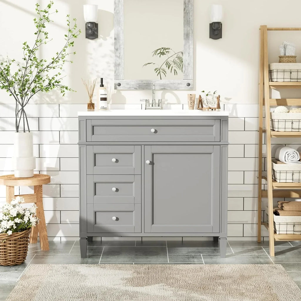36" Bathroom Vanity with Single Sink Combo, Modern Undermount Bathroom Sink Cabinet with 2 Drawers and a Tip-Out Drawer, Freestanding Bathroom Vanities, Soft Closing, Solid Wood Frame
