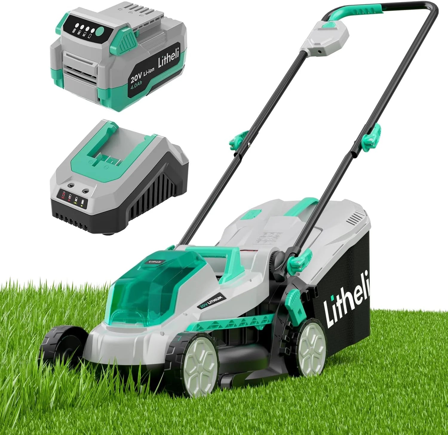 40V (2 x 20V) 16-inch cordless electric lawn mower, brushless mower, with 6 height adjustment functions, portable and lightweight push-type battery-driven lawn mower (including 2 4.0 amp-hour batteries)1 pcs