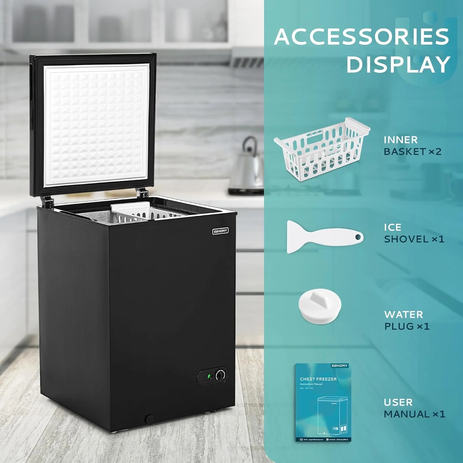 3.5 Cu.Ft Chest Freezer with Removable Basket, Small Deep Freezer Adjustable 7 Thermostat, Quiet Mini Freezer Free-Standing Top Door, Energy Saving for Apartment/Garage/Basement/Dorm/Home,Black1 pcs