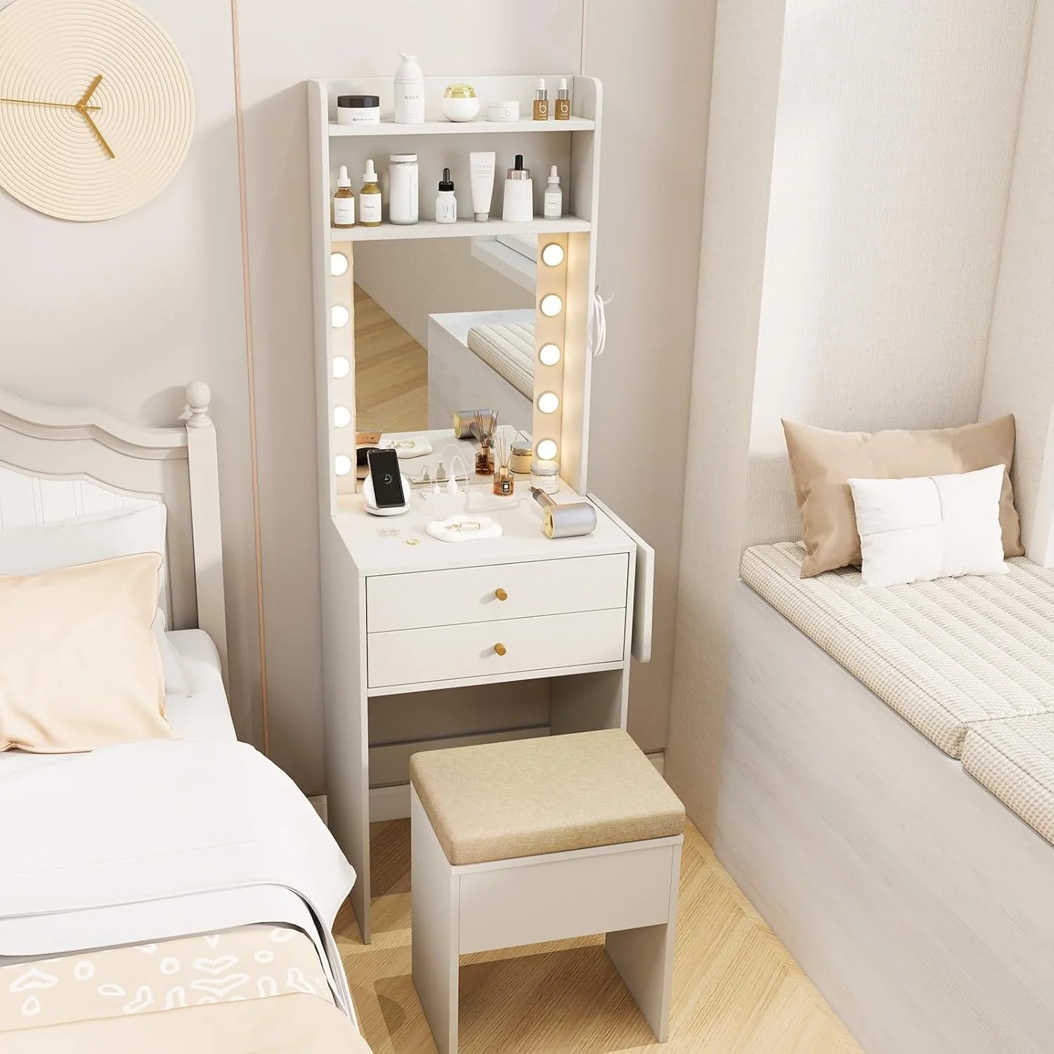 Small Vanity Desk with Mirror and Lights, Makeup Vanity Table with Charging Station, Drawers, Shelves, Foldable Side Table, Compact Dressing Table with Storage Chair for Small Space (White)1 pcs