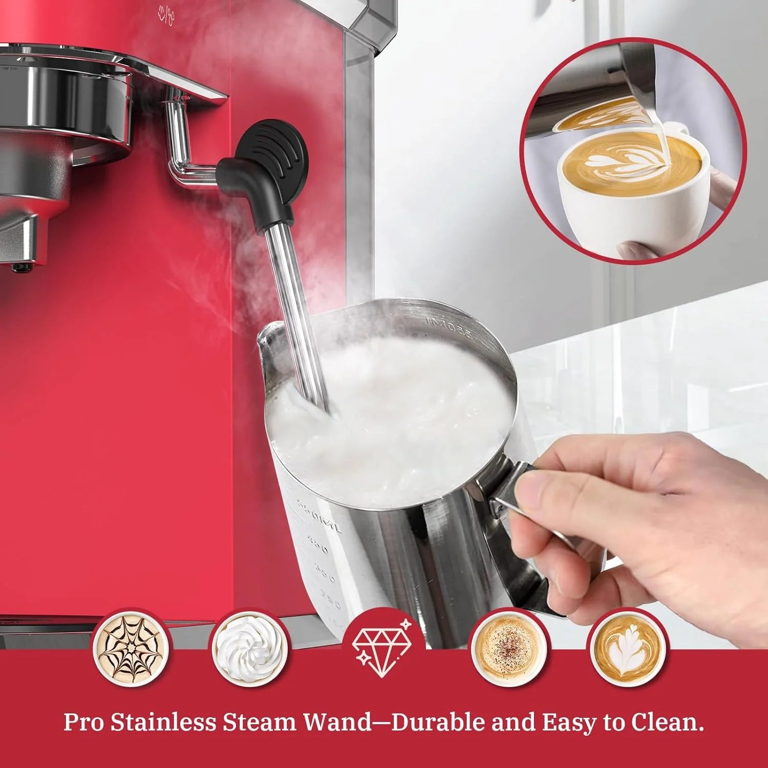 Professional Espresso Machine 20 Bar Espresso Maker CMEP01 with Milk Frother Steam Wand for Cappuccino and Latte (Pink) Gift for Coffee Lovers, Girl Friend, Daughter, Mom1 pcs