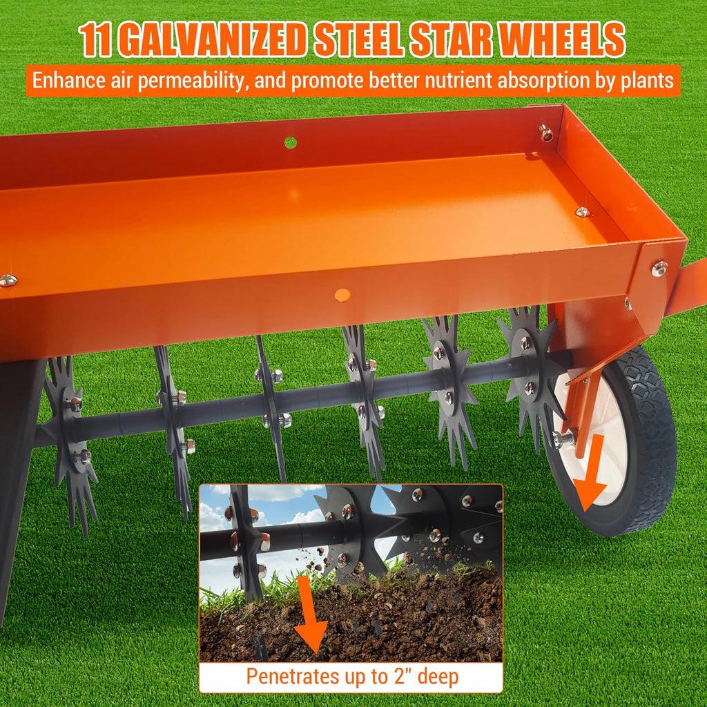 Traction-type weed remover, 40-inch traction-type sharp-toothed weed remover with transport wheels, steel teeth, tray, suitable for towing-type weed remover for farms, lawns and gardens, with adjustable handle1 pcs