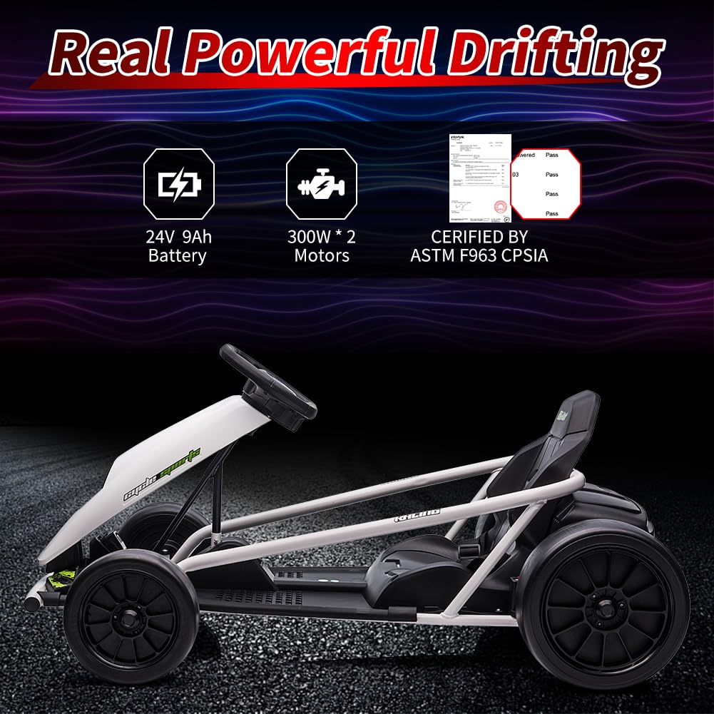 24V Go Kart for Kids 8-12, 300W*2 Motors, 9Ah Battery, 8MPH Speed, Music, Horn, 175lbs Max Load �� White