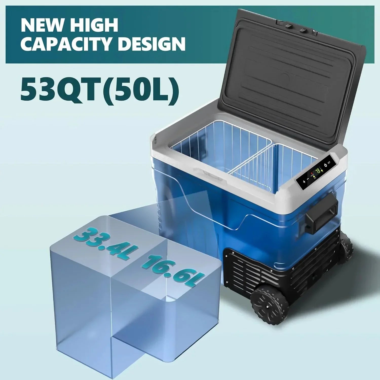 12 Volt Refrigerator, 53QT(50L) Electric Cooler, Portable Freezer 12V/24V DC 110-240V AC, 12V Fridge -4��~68��, 12V Cooler with Wheels & 2 Baskets for Travel, Truck, Boat, Camping