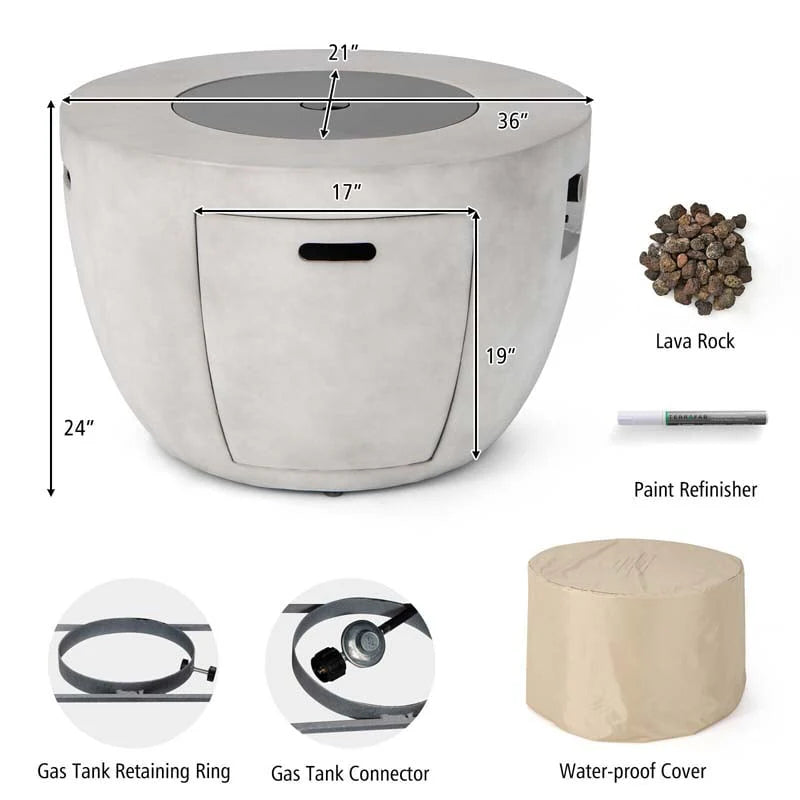 36" Concrete Round Propane Fire Pit Table, 50000 BTU Outdoor Gas Fire Table with Lava Rocks & Cover