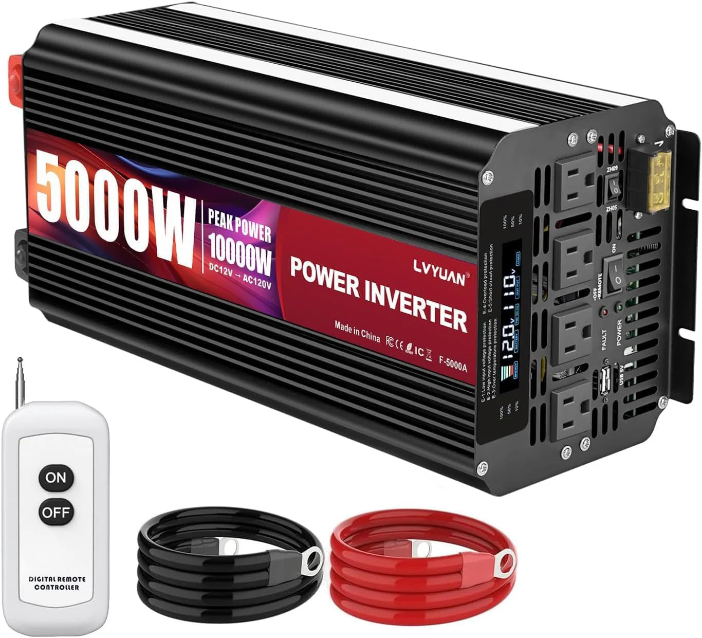 5000 Watt Power Inverter 12V to 110V 120V for Vehicle, Solar Inverter System, Heavy Duty, RV, Truck, Off Grid,Camping with 4 AC Outlets, LCD Display, Wireless Remote Control, Car Power Inverter1 pcs