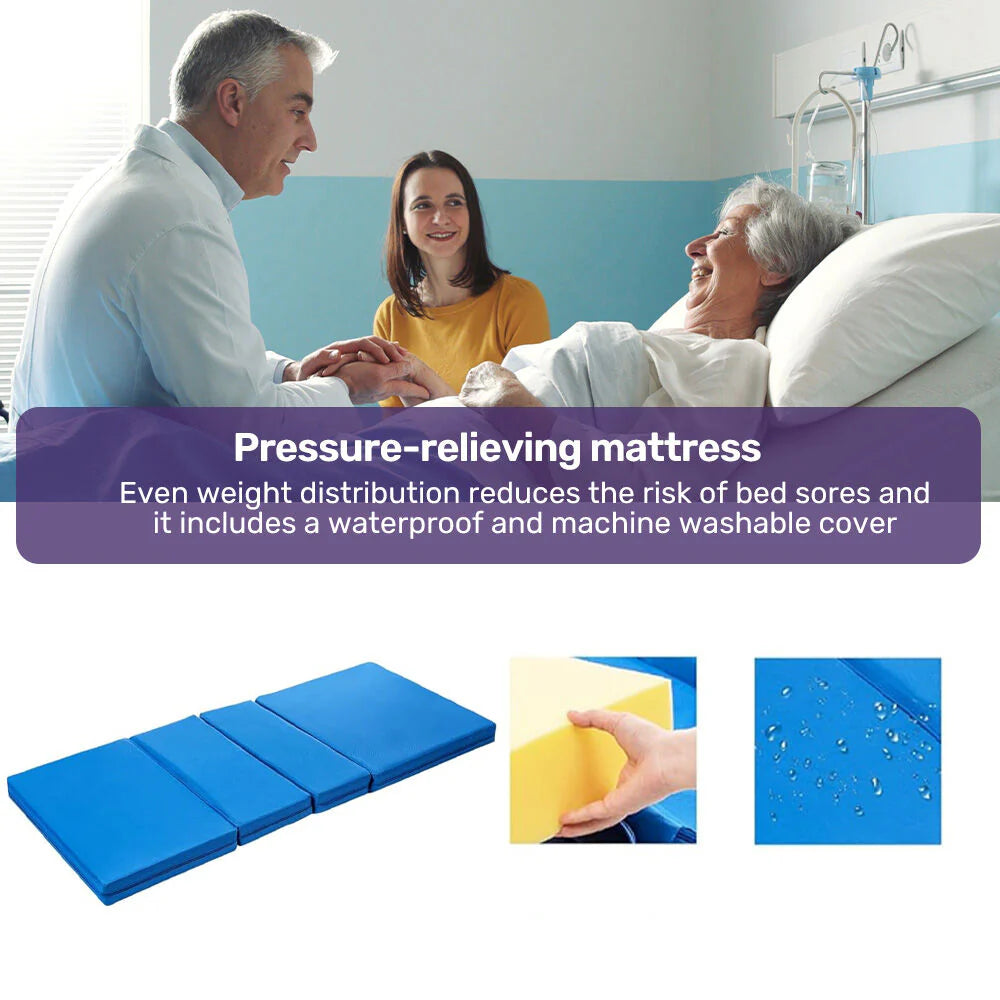 EQUIPMED Medical Bed, w/ Mattress & Over Bed Table, Easy Manual Back and Leg Incline Adjustable, IV Pole, Home Aged Care or ICU Hospital