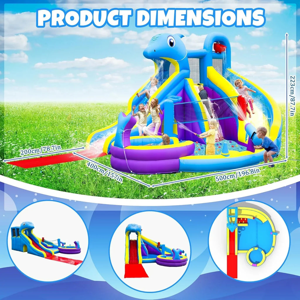 11-in-1 Inflatable Water Slide & Dolphin Bounce House w/2 Long Slides, 19.7 Ft x 13.1 Ft Extra Large Waterslide Climbing Wall w/Small Deeper Pool,Water Cannons,Hoop for Kids Backyard,550W Blower