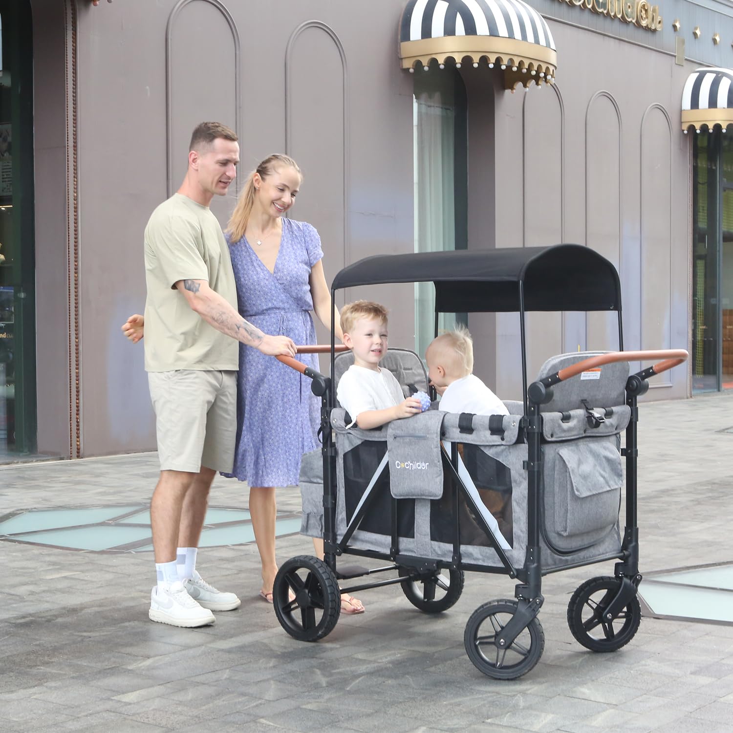 All-Terrain 4 Seater Wagon Stroller for Kids - Heavy-Duty 300lb Capacity, One-Hand Fold Design, High Seats with 5-Point Harness, Adjustable Canopy and Handlebars, Light Grey