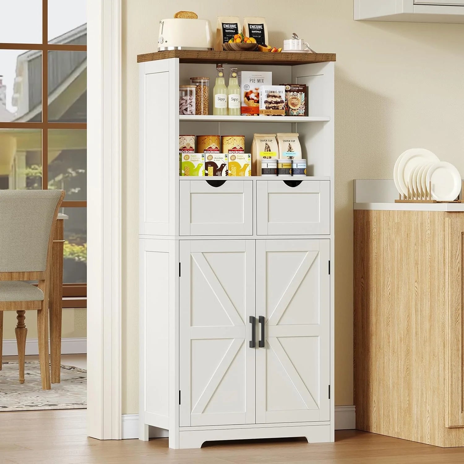 Farmhouse Storage Cabinet with Doors & 2 Drawers, Kitchen Pantry Storage Cabinet with Adjustable Shelf, Bathroom Cabinet for Living Room, Entryway, Home Office, White1 pcs