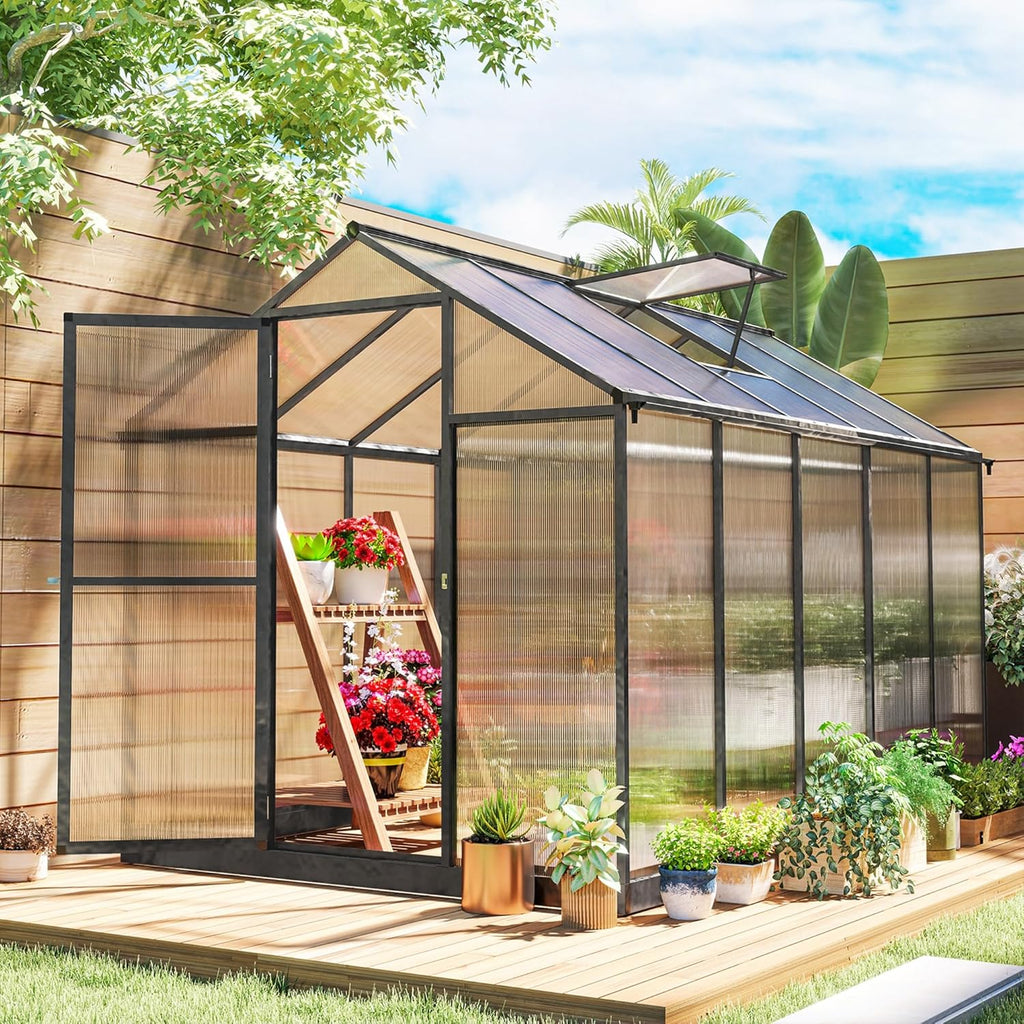 6' x 8' x 6.4' Polycarbonate Greenhouse, Aluminum Walk-in Green House Kit Garden, Plants Grow with Rain Gutter and Roof Vent1 pcs