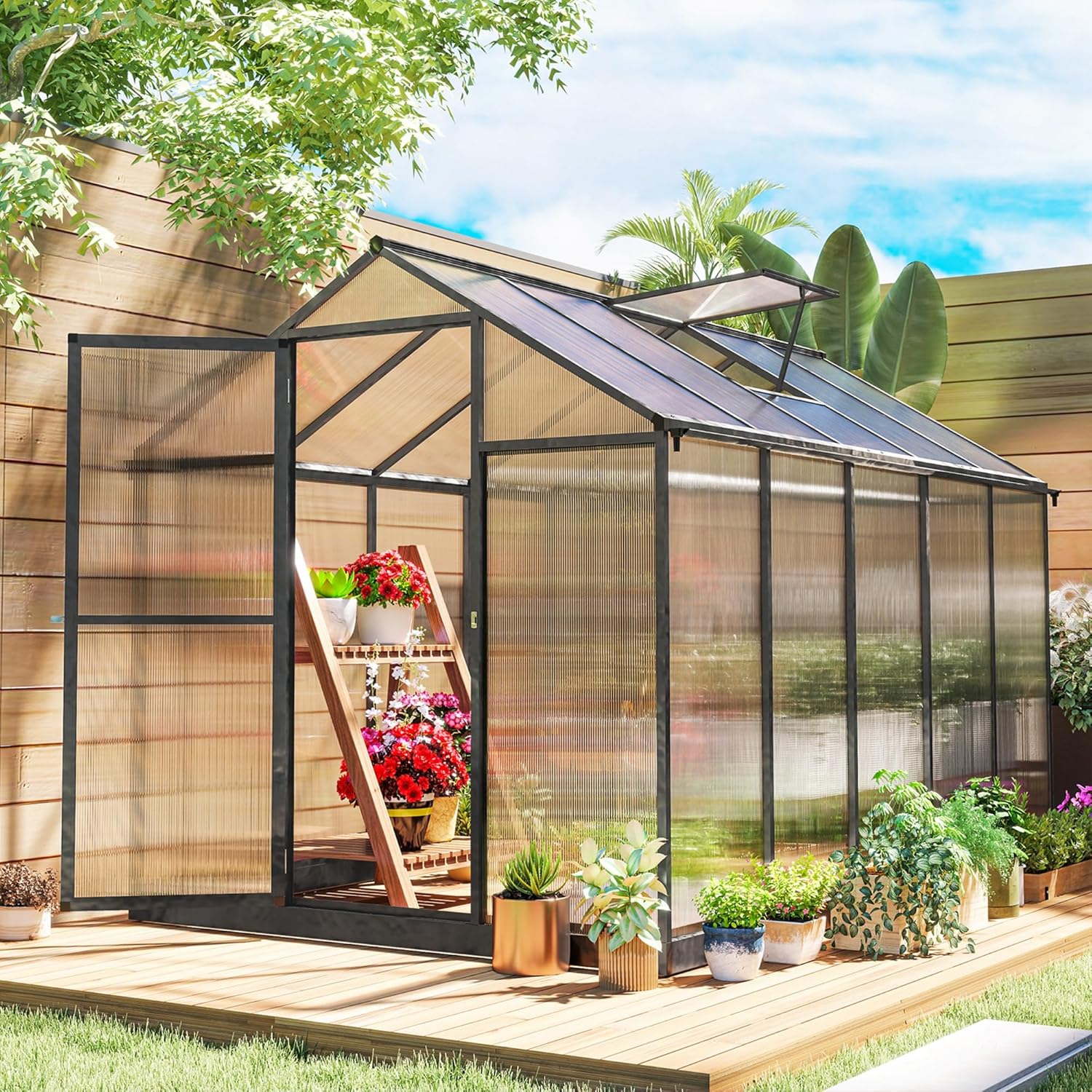 6' x 8' x 6.4' Polycarbonate Greenhouse, Aluminum Walk-in Green House Kit Garden, Plants Grow with Rain Gutter and Roof Vent1 pcs