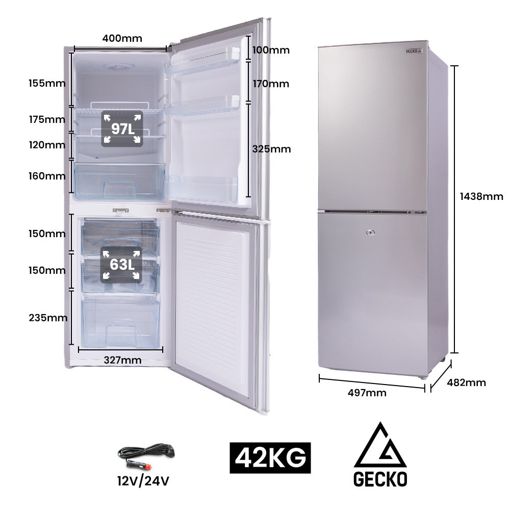 GECKO 160L Upright Portable Fridge / Freezer, 12V/24V for Motorhome and Caravan, Silver