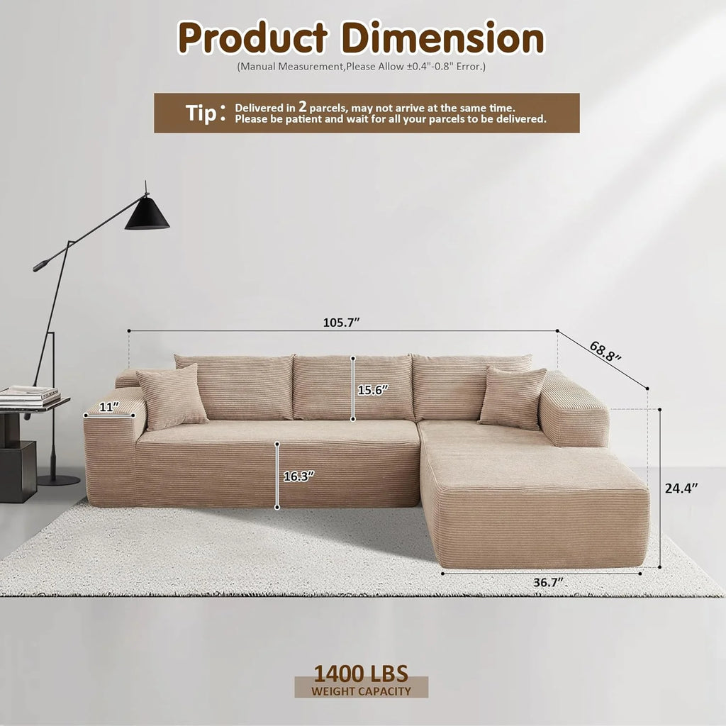 ovios 104" Cloud Sectional Couch with L-Shape Chaise,Modern Modular Sofa with Deep Seat, Upholstered Couches for Living Room Bedroom,No Assembly Required, Black (Corduroy Fabric)