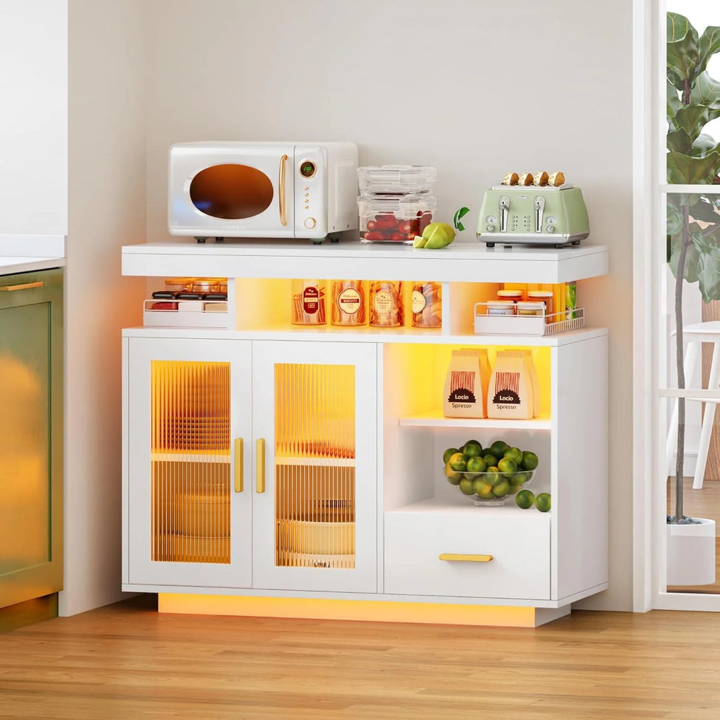 39.4" LED Buffet Cabinet,Modern Sideboard Buffet with RGB 24-Color Light Strip,Large Kitchen Storage Cabinet with Storage for Bar, Office,Coffee Bar Cabine with 2 Drawers,10QHXFSC9211-WH-CA1 pcs