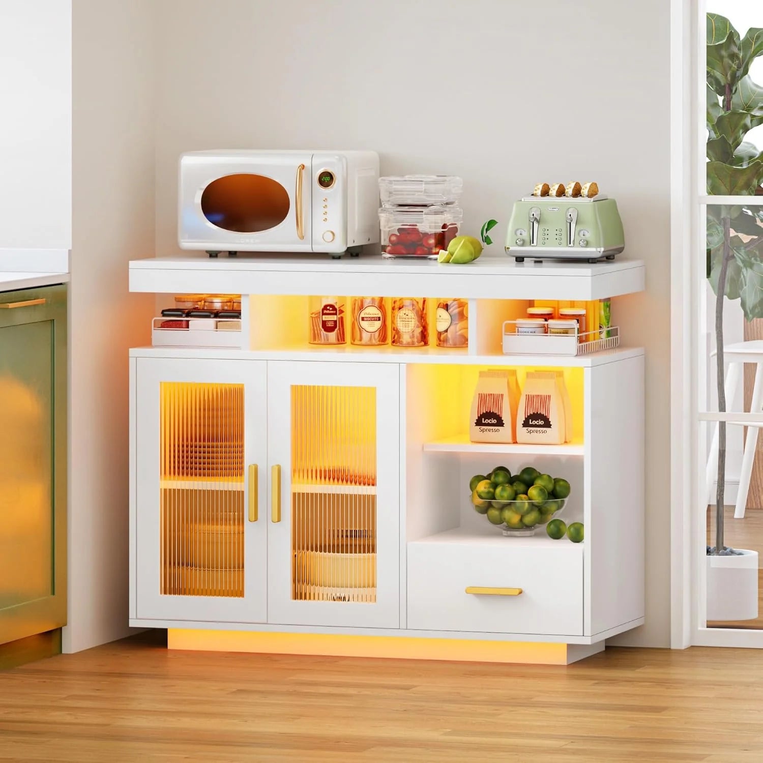 39.4" LED Buffet Cabinet,Modern Sideboard Buffet with RGB 24-Color Light Strip,Large Kitchen Storage Cabinet with Storage for Bar, Office,Coffee Bar Cabine with 2 Drawers,10QHXFSC9211-WH-CA1 pcs