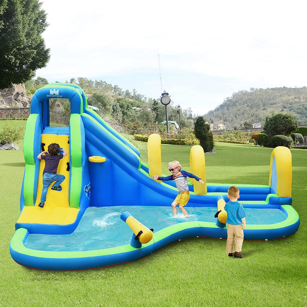 Inflatable Water Slides, 5 in 1 Kids Castle Bouncy House w/2 Water Cannons & Hose, Long Slides w/Arch, Climbing Wall & Splash Pool, Outdoor Blow Up Water Park for Backyard(Without Blower)1 pcs