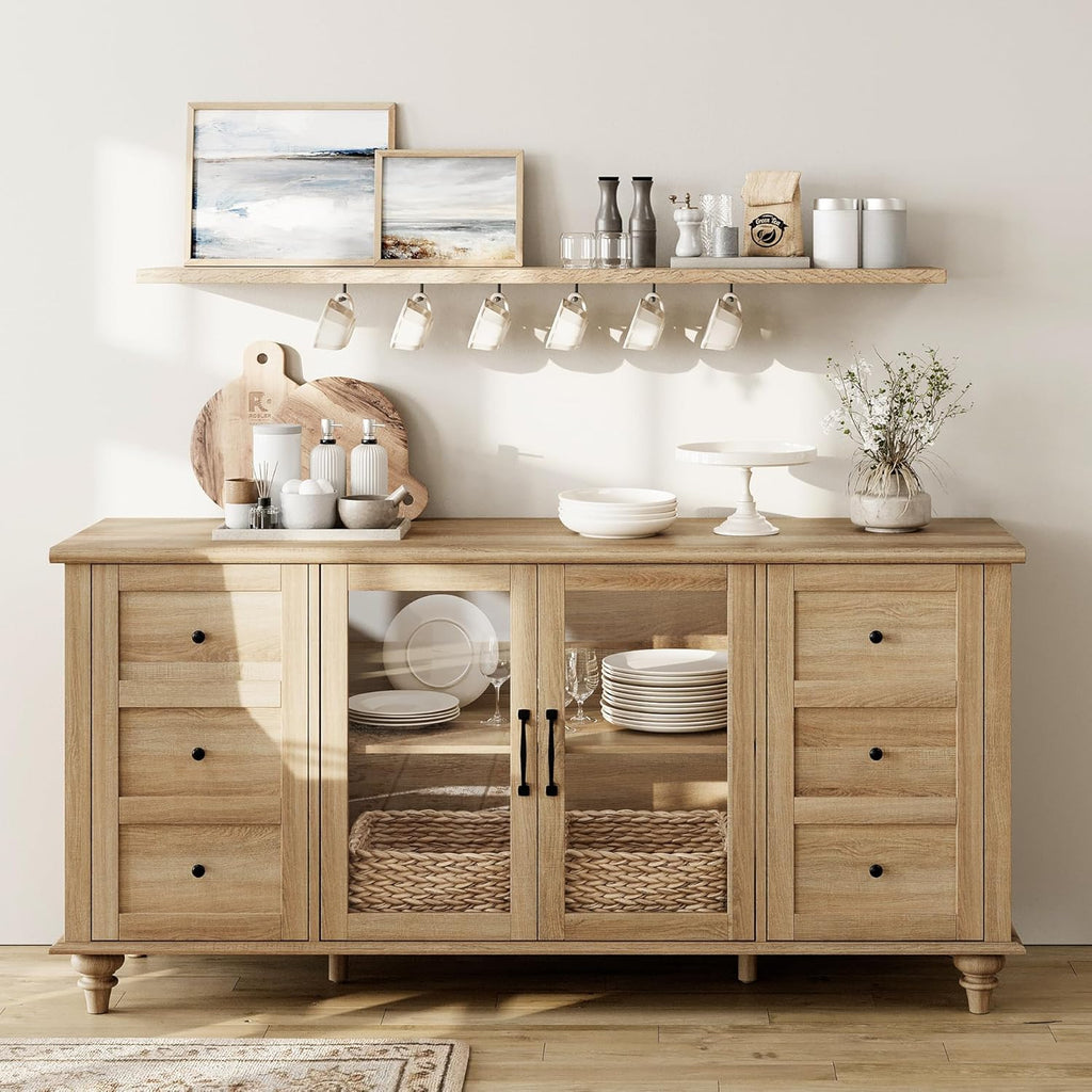 Sideboard Buffet Cabinets with Glass Door, Kitchen Storage Cabinets,Wood Coffee Bar Tables, Accent Sideboard Storage Cabinet Table Dining Room, Living Room,Oak1 pcs