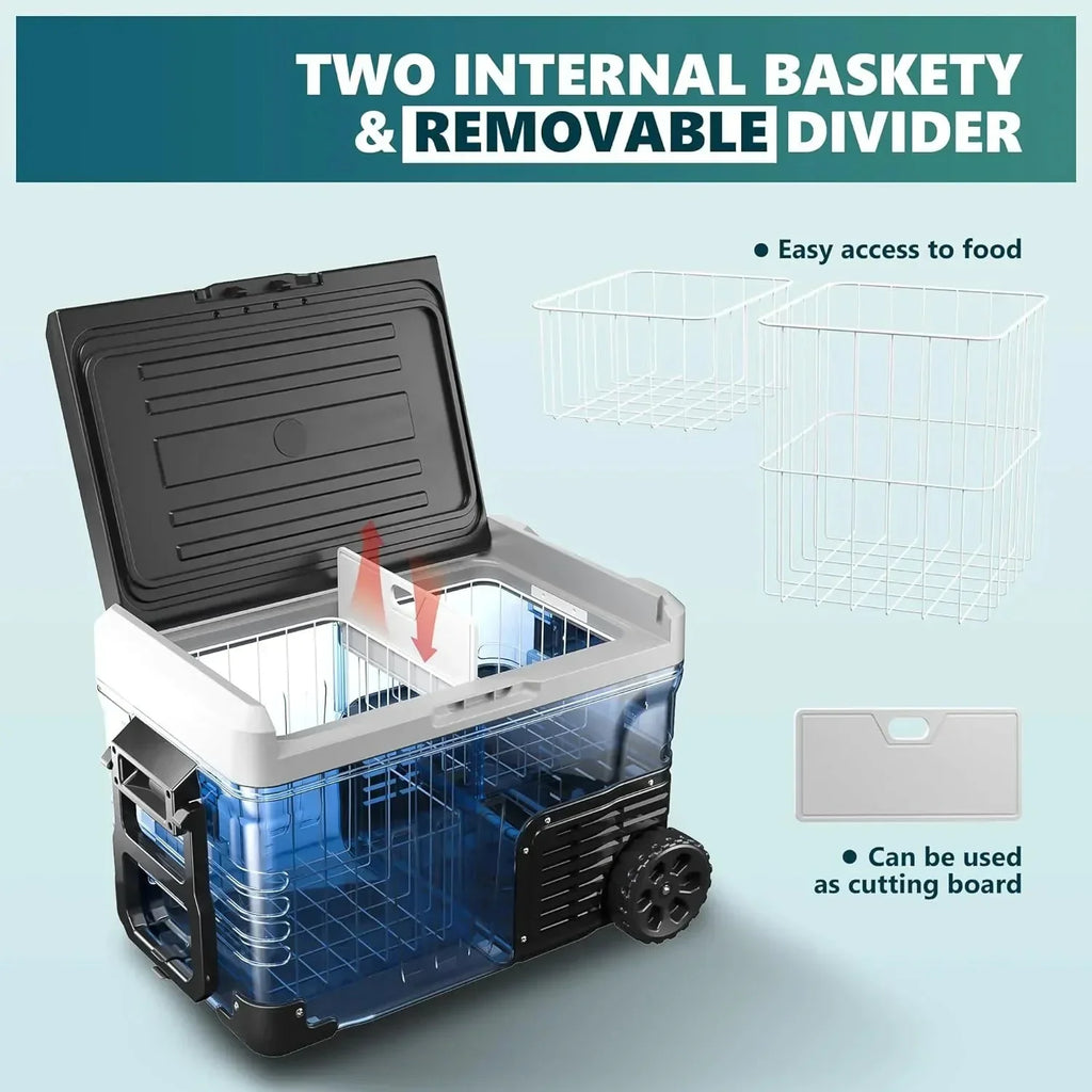 12 Volt Refrigerator, 53QT(50L) Electric Cooler, Portable Freezer 12V/24V DC 110-240V AC, 12V Fridge -4��~68��, 12V Cooler with Wheels & 2 Baskets for Travel, Truck, Boat, Camping