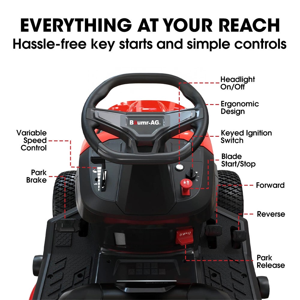 BAUMR-AG 38" Ride On Mower Tractor, Electric Start, 14hp 452cc, Hydrostatic, 100kg Towing, 7 Cut Heights