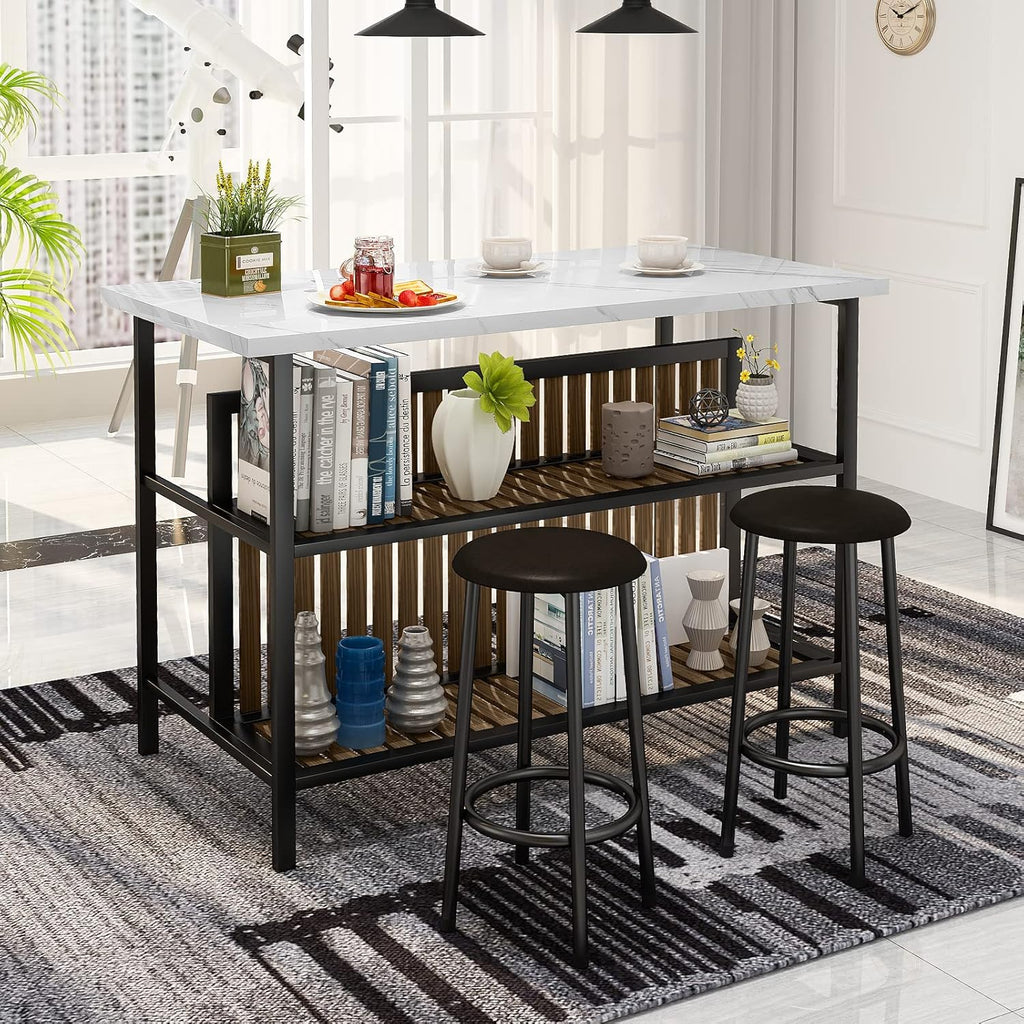 Kitchen Island with Seating & Storage Shelf, Faux Marble Island Table for Kitchen, Modern Bar Table and Chairs Set for 2,Dining Table Set for Small Space,White1 pcs