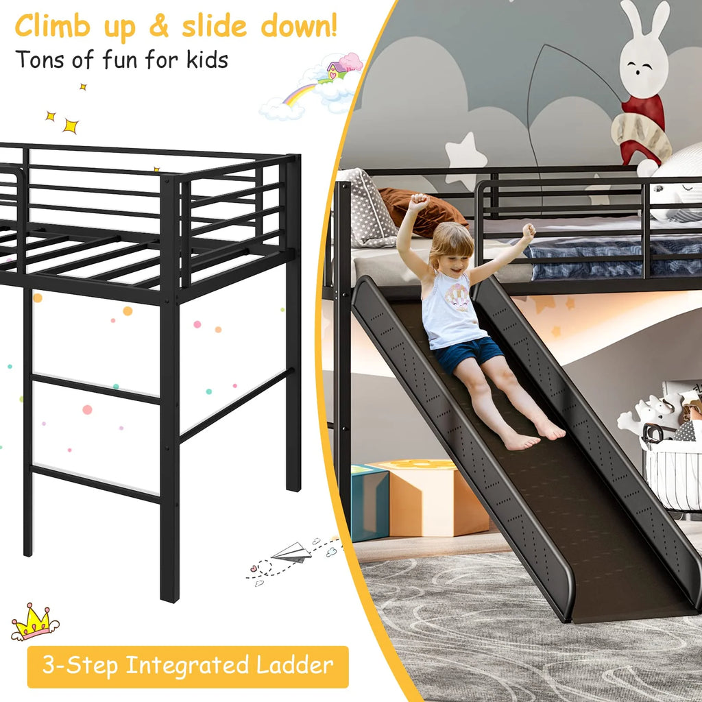 Giantex Metal Loft Bed with Slide, Heavy-Duty Steel Slats Support Loft Bed with Integrated Ladder & Full-Length Guardrails
