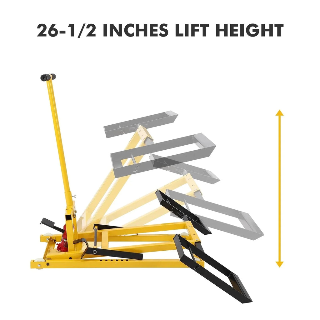 Lawn mower lift with hydraulic jack, 66 cm (26 inch) lifting height, welded steel construction, lifting capacity 227 kg (500 lbs), for ride-on lawn mowers, tractors and ATVs