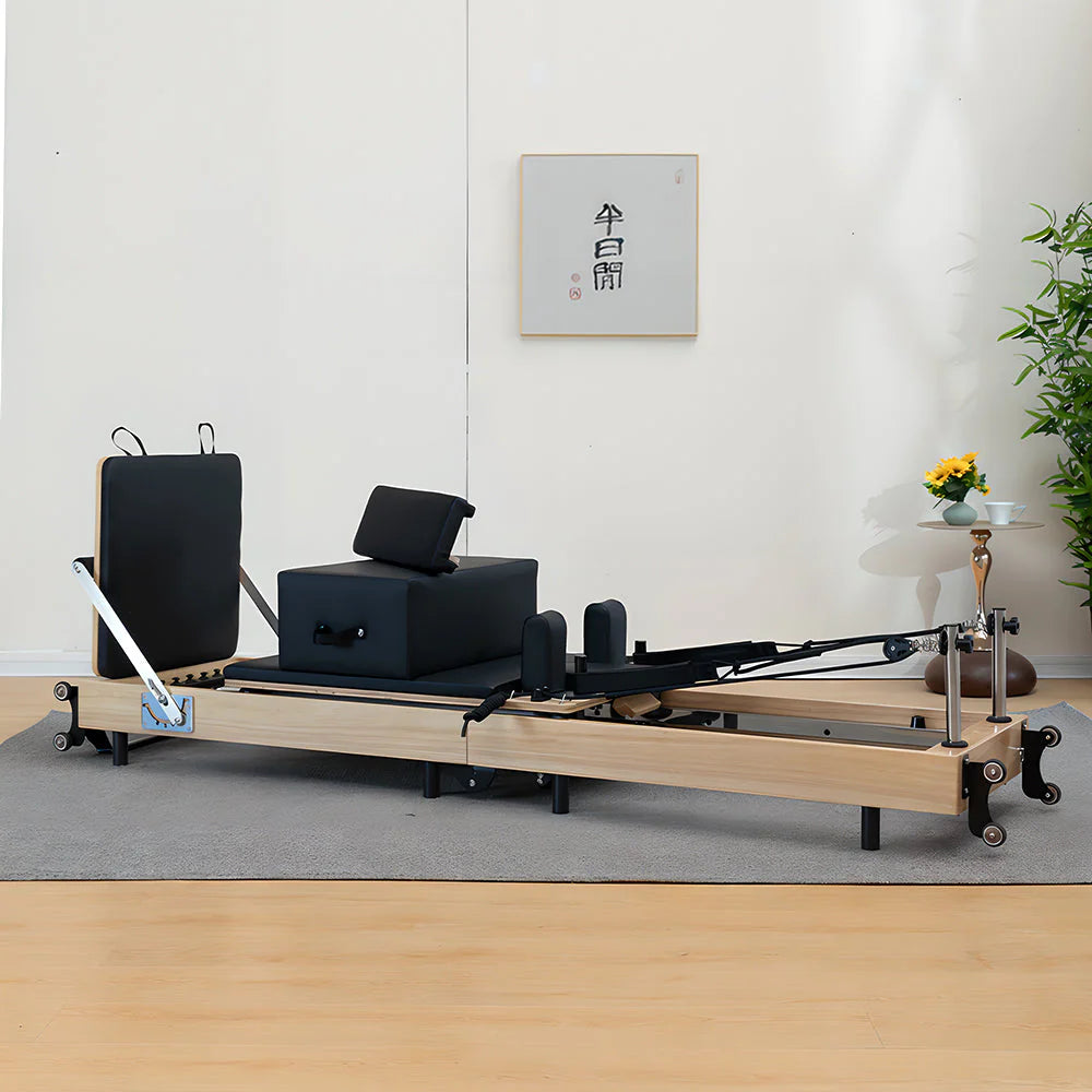 Foldable Pilates Reformer for Home Workouts, Oak Wood Frame, 6 Springs